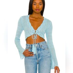 MORE TO COME Revolve Blue Crochet Tie Long Sleeve Top